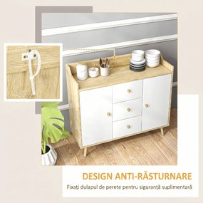 HOMCOM Comodă cu 3 Sertare și 2 Dulapuri cu Rafturi, Bufet Modern din PAL și Lemn de Pin, 90x32x80 cm, Alb | Aosom Romania