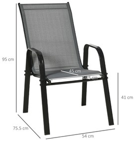 Outsunny Set de 4 Scaune de Grădină Stivuibile, Scaune de Exterior cu Cotiere din Metal și Țesătură Respirabilă, 54x75.5x95 cm, Gri | Aosom Romania