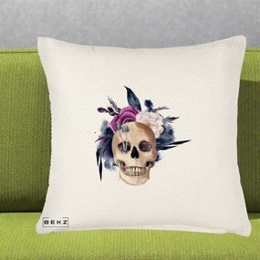 Perna Decorativa Craniu Floral cu Trandafiri si Ciuperci, 40x40 cm, Crem Reliefat, Husa Detasabila, Perna Inclusa, BEKZ®