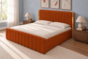 Pat tapițat din catifea Aurelia 120×200 cm, cărămiziu, detalii aurii, cu ladă de depozitare