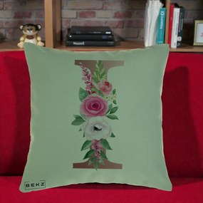 Cadou Personalizat - Perna Personalizata Monograma Rose Gold Litera I, 40x40 cm, Verde, Husa Detasabila, Perna Inclusa, BEKZ®