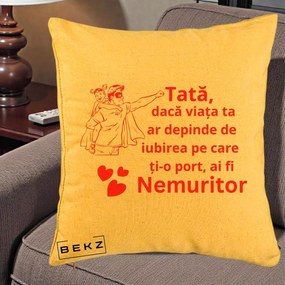 Cadou pentru Tata - Perna Personalizata Tata Nemuritor cu Fetita, 40x40 cm, Galben, Husa Detasabila, Perna Inclusa, BEKZ®