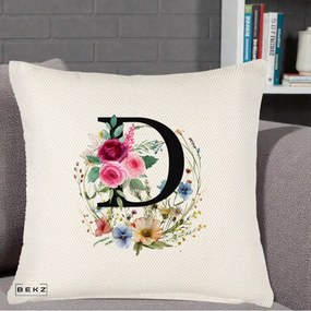 Cadou Personalizat - Perna Personalizata Monogram Litera D cu Flori Acuarela, 40x40 cm, Crem Reliefat, Husa Detasabila, Perna Inclusa, BEKZ®