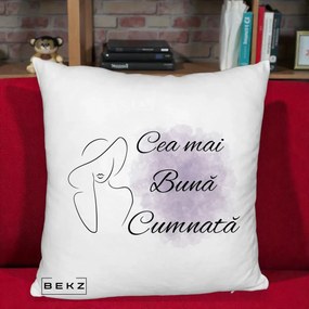 Cadou pentru Cumnata - Perna Personalizata Cea mai Buna Cumnata cu Silueta Dama si Pete Violet, 40x40 cm, Alb Pufos, Husa Detasabila, Perna Inclusa, BEKZ®