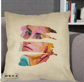 Perna Decorativa Portret Femeie Fragmentat Colorat, 40x40 cm, Crem, Husa Detasabila, Perna Inclusa, BEKZ®