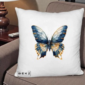 Perna Decorativa Fluture Albastru Auriu Elegant, 40x40 cm, Alb Pufos, Husa Detasabila, Perna Inclusa, BEKZ®