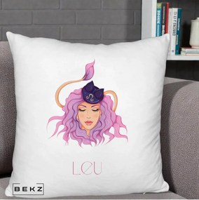 Perna Personalizata Zodie Leu, 40x40 cm, Alb Pufos, Husa Detasabila, Perna Inclusa, BEKZ®