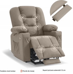 Fotoliu Electric Power Lift&Recliner, ridicare și rabatare, masaj și incalzire, porturi USB, suporturi pentru pahare, buzunare laterale, telecomenzi, PU, Maro deschis