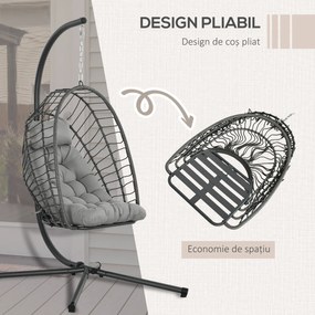 Outsunny Scaun Balansoar pentru Exterior cu Pernă Căptușită, Scaun Suspendat cu Coș Pliabil și Suport Metalic, 100x131x194 cm, Gri | Aosom Romania