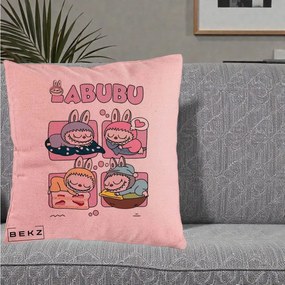 Perna Personalizata Labubu Sleeping Quad Grid, 40x40 cm, Roz, Husa Detasabila, Perna Inclusa, BEKZ®