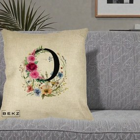 Cadou Personalizat - Perna Personalizata Monogram Litera O cu Flori Acuarela, 40x40 cm, Crem, Husa Detasabila, Perna Inclusa, BEKZ®