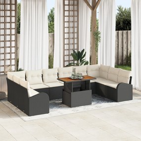 vidaXL Set dining grădină cu 11 piese, perne din poliratan negru și acacia