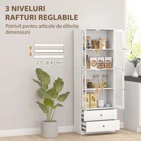 HOMCOM Vitrină Înaltă de Bucătărie 170 cm, 4 Uși din Sticlă, 2 Sertare, Polițe Reglabile, pentru Dining și Living, Alb | Aosom Romania