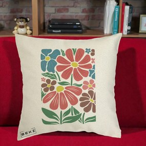 Perna Decorativa Flori Grafice Colorate Retro, 40x40 cm, Ecru, Husa Detasabila, Perna Inclusa, BEKZ®