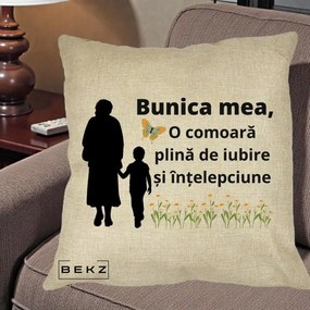 Cadou pentru Bunica - Perna Personalizata Bunica Mea Comoara cu Fluture si Baietel, 40x40 cm, Crem, Husa Detasabila, Perna Inclusa, BEKZ®
