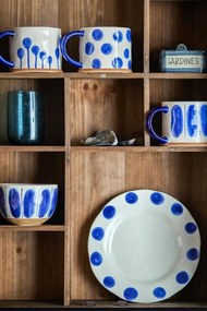 Set 3 căni natur din ceramică artizanală pictată manual cu motive geometrice în albastru, 450 ml, 11×8,5 cm, "Linora"