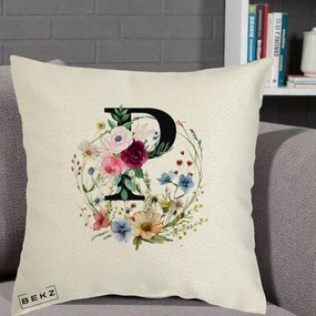 Cadou Personalizat - Perna Personalizata Monogram Litera P cu Flori Acuarela, 40x40 cm, Ecru, Husa Detasabila, Perna Inclusa, BEKZ®