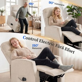 HOMCOM Fotoliu Electric cu Ridicare 150° din Material ce Imita Inul cu 8 Puncte de Masaj, Încălzire, Bej | Aosom Romania