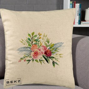 Perna Decorativa Buchet Flori Acuarela Roz-Verde, 40x40 cm, Bej, Husa Detasabila, Perna Inclusa, BEKZ®