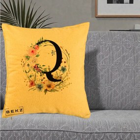Cadou Personalizat - Perna Personalizata Monogram Litera Q cu Flori Acuarela, 40x40 cm, Galben, Husa Detasabila, Perna Inclusa, BEKZ®