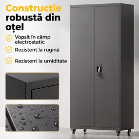 HOMCOM Dulap Metalic pentru Depozitare, Oțel, Încuietoare, Roți Detașabile și Rafturi Reglabile, 80x40x180 cm, Negru | Aosom Romania