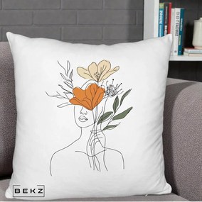 Perna Decorativa Portret Feminin Coroana Florala, 40x40 cm, Alb Pufos, Husa Detasabila, Perna Inclusa, BEKZ®
