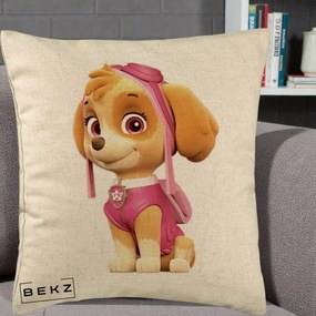 Perna Personalizata Skye PAW Patrol Roz, 40x40 cm, Bej, Husa Detasabila, Perna Inclusa, BEKZ®