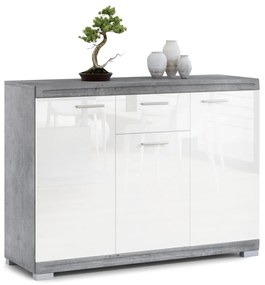 Mazzoni Comodă lată SIMPLE KD3SZ1 Beton Millennium/Alb Luciu - DULAP CU RAFTURI PENTRU LIVING