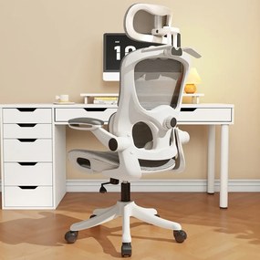RESIGILAT- Scaun ergonomic cu șezut din plasă și suport lombar dinamic, tetiera 3D, cotiere rabatabile, Alb/Gri