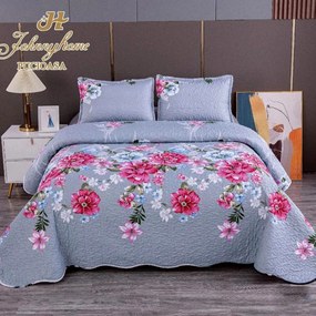 Cuvertura pentru pat dublu cu 2 fete  matlasata  Bumbac Satinat Superior  Gri  flori