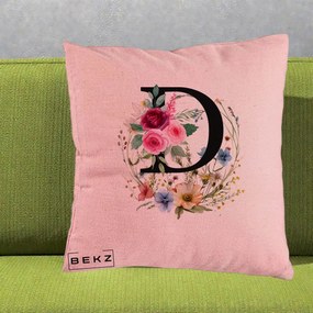 Cadou Personalizat - Perna Personalizata Monogram Litera D cu Flori Acuarela, 40x40 cm, Roz, Husa Detasabila, Perna Inclusa, BEKZ®