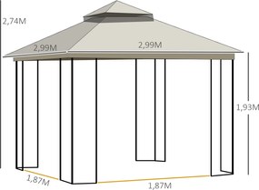 Outsunny Pavilion de grădină cu acoperiș dublu, cort pentru petreceri, cu 4 x pereți laterali, Metal+Poliester, Bej, 2,99 x 2,99 x 2,74 m | Aosom Romania