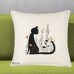 Perna Decorativa Pisica Neagra Flori Portocalii Silueta, 40x40 cm, Crem Reliefat, Husa Detasabila, Perna Inclusa, BEKZ®