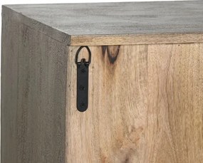 Comodă TV sculptată lungă din lemn masiv, gri, cu 6 uși, 3 rafturi și zăvoare din lemn, finisaj patinat, 61 x 200 x 40 cm, „Arvane”