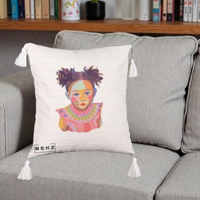 Perna Decorativa Fetita Vesela Portret Colorat, 40x40 cm, Bej cu Franjuri, Husa Detasabila, Perna Inclusa, BEKZ®