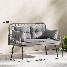 Outsunny Canapea de grădină cu perne și pernuțe 2 locuri din rășină împletită, canapea pentru exterior cu cotiere gri închis | Aosom Romania