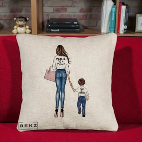 Cadou pentru Mama - Perna Personalizata Canapea, Model Mother of a Prince, 40x40 cm, Bej Canapea, Husa Detasabila, Perna Inclusa, BEKZ®
