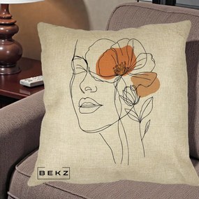 Perna Decorativa Portret Feminin Mac Profilat, 40x40 cm, Crem, Husa Detasabila, Perna Inclusa, BEKZ®