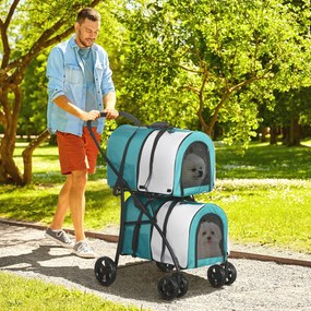 PawHut Cochecito Dublu pentru Câini Pisici Pliabil cu 2 Transportoare Extraibile cu Centură și Perne 66x50x98 cm Verde și Gri | Aosom Romania