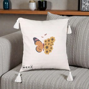 Perna Decorativa Fluture Floarea-Soarelui, 40x40 cm, Bej cu Franjuri, Husa Detasabila, Perna Inclusa, BEKZ®