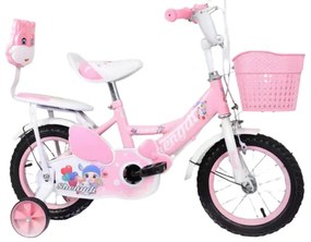 Bicicleta copii 2 - 5 ani, 12", Roz, Doua locuri, Roti ajutatoare, Frane