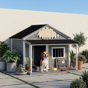 PawHut Casuță din Lemn de Exterior pentru Câini, Cușcă pentru Câini cu Terasă, Fereastră și Acoperiș Impermeabil, 124x112x105 cm, Gri | Aosom Romania