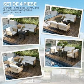 Outsunny Set Mobilier de Grădină din 4 Piese cu Canapea, 2 Fotolii și Măsuță, 110x61x63 cm, Alb Crem | Aosom Romania