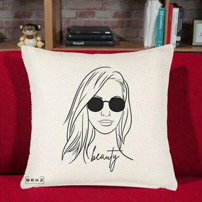 Perna Decorativa Beauty Girl Line Art, 40x40 cm, Crem Reliefat, Husa Detasabila, Perna Inclusa, BEKZ®
