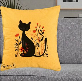 Perna Decorativa Pisica Neagra Flori Rosii Folk Minimal, 40x40 cm, Galben, Husa Detasabila, Perna Inclusa, BEKZ®