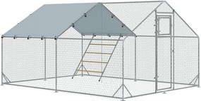PawHut Coteț pentru Găini cu Acoperiș Impermeabil și Rezistent la UV, Hrănitor și Usă, 300x400x195 cm, Argintiu | Aosom Romania