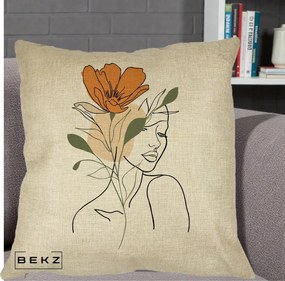 Perna Decorativa Portret Feminin Floare Portocalie, 40x40 cm, Crem, Husa Detasabila, Perna Inclusa, BEKZ®