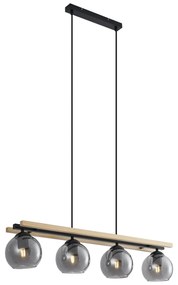 Lampa suspendată inteligentă neagră cu lemn și sticlă fumurie 4 lumini, inclusiv WiFi A60 - Aleks