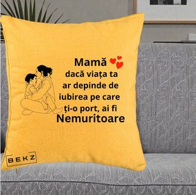 Cadou pentru Mama - Perna Personalizata Mama Nemuritoare Kawaii, 40x40 cm, Galben, Husa Detasabila, Perna Inclusa, BEKZ®