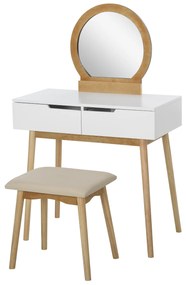 HOMCOM Coafetoare Design scandinav Masă de Machiaj cu Oglindă, 2 sertare și Taburet Alb pin Deschis | Aosom Romania